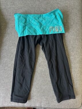 PINK Victoria's Secret Black Yoga Pants Capri length with Teal Fold-Over waist